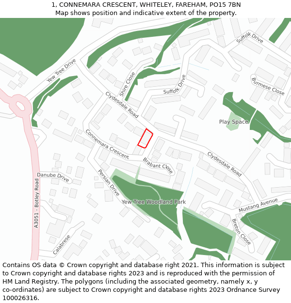 1, CONNEMARA CRESCENT, WHITELEY, FAREHAM, PO15 7BN: Location map and indicative extent of plot