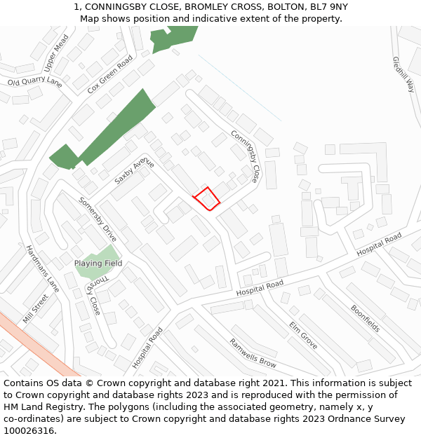 1, CONNINGSBY CLOSE, BROMLEY CROSS, BOLTON, BL7 9NY: Location map and indicative extent of plot