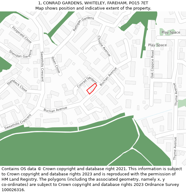 1, CONRAD GARDENS, WHITELEY, FAREHAM, PO15 7ET: Location map and indicative extent of plot