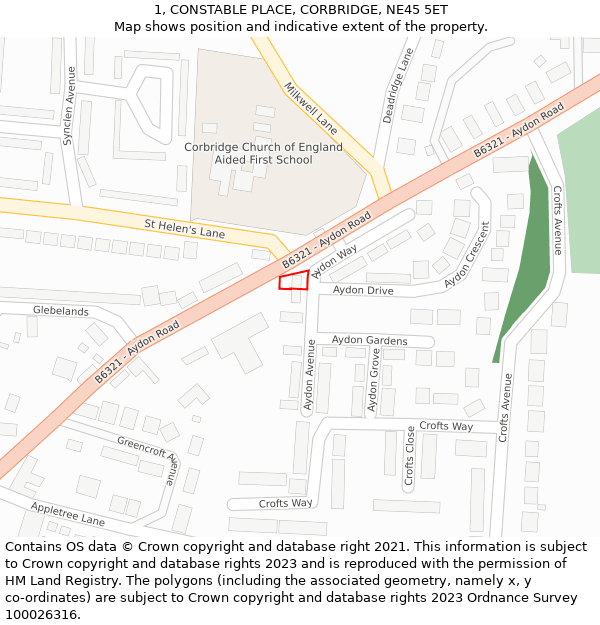1, CONSTABLE PLACE, CORBRIDGE, NE45 5ET: Location map and indicative extent of plot