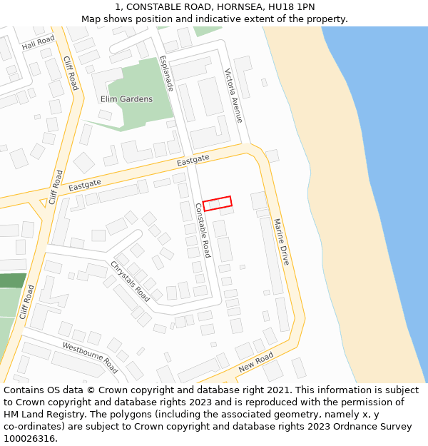 1, CONSTABLE ROAD, HORNSEA, HU18 1PN: Location map and indicative extent of plot