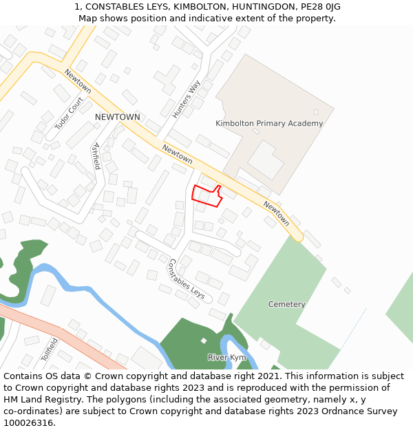 1, CONSTABLES LEYS, KIMBOLTON, HUNTINGDON, PE28 0JG: Location map and indicative extent of plot