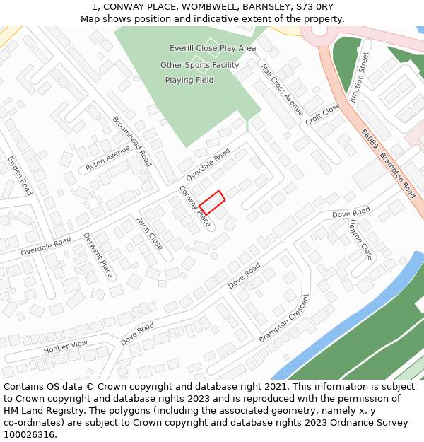 1, CONWAY PLACE, WOMBWELL, BARNSLEY, S73 0RY: Location map and indicative extent of plot