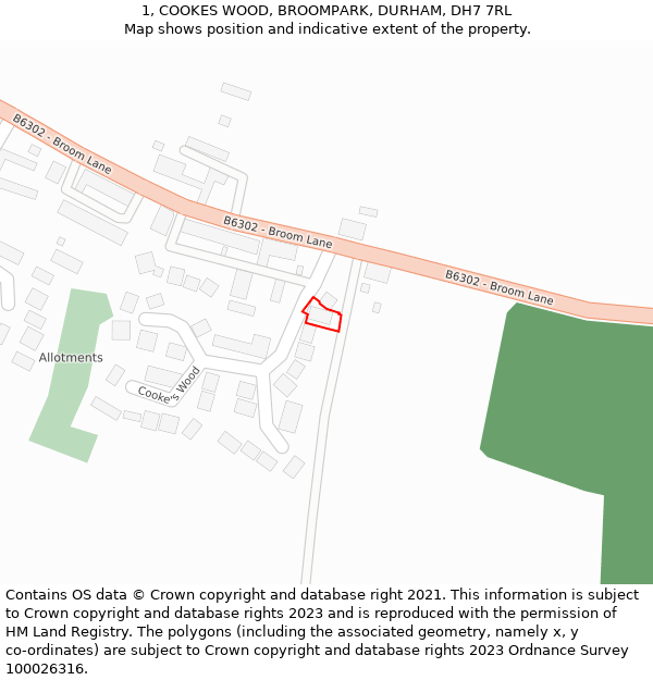 1, COOKES WOOD, BROOMPARK, DURHAM, DH7 7RL: Location map and indicative extent of plot