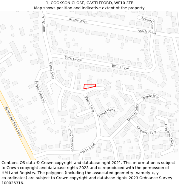 1, COOKSON CLOSE, CASTLEFORD, WF10 3TR: Location map and indicative extent of plot