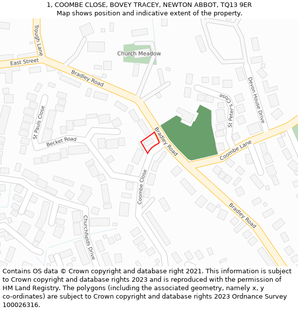 1, COOMBE CLOSE, BOVEY TRACEY, NEWTON ABBOT, TQ13 9ER: Location map and indicative extent of plot