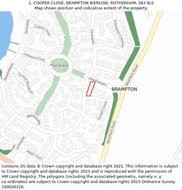 1, COOPER CLOSE, BRAMPTON BIERLOW, ROTHERHAM, S63 6LS: Location map and indicative extent of plot