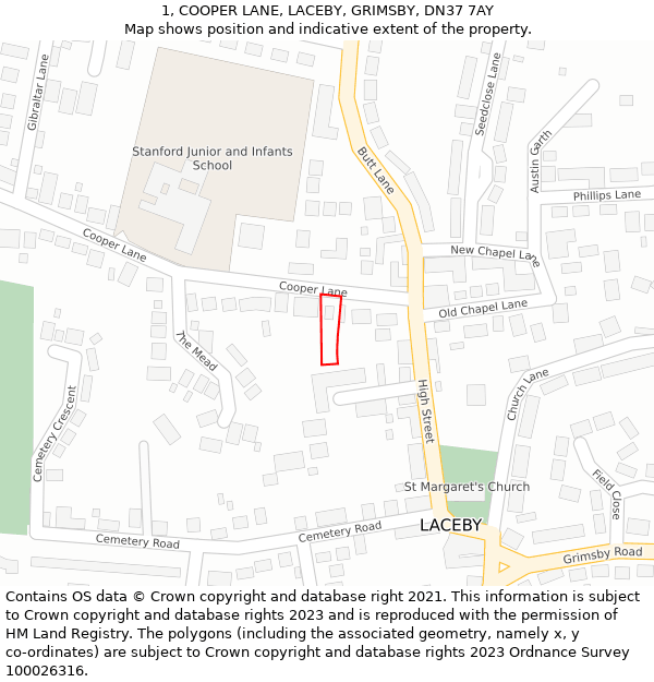 1, COOPER LANE, LACEBY, GRIMSBY, DN37 7AY: Location map and indicative extent of plot