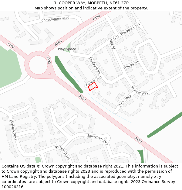 1, COOPER WAY, MORPETH, NE61 2ZP: Location map and indicative extent of plot