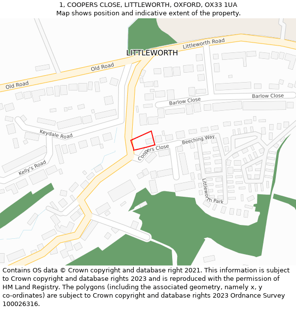 1, COOPERS CLOSE, LITTLEWORTH, OXFORD, OX33 1UA: Location map and indicative extent of plot