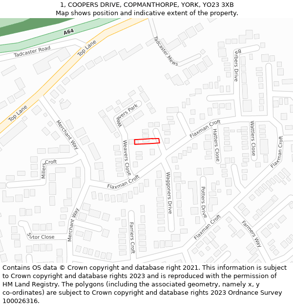 1, COOPERS DRIVE, COPMANTHORPE, YORK, YO23 3XB: Location map and indicative extent of plot