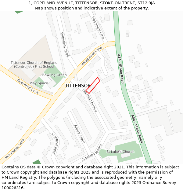1, COPELAND AVENUE, TITTENSOR, STOKE-ON-TRENT, ST12 9JA: Location map and indicative extent of plot