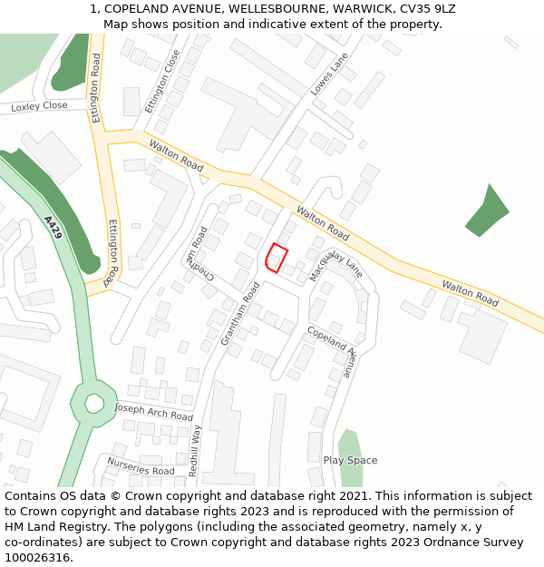 1, COPELAND AVENUE, WELLESBOURNE, WARWICK, CV35 9LZ: Location map and indicative extent of plot