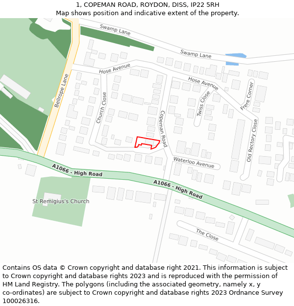 1, COPEMAN ROAD, ROYDON, DISS, IP22 5RH: Location map and indicative extent of plot