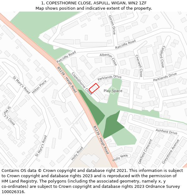 1, COPESTHORNE CLOSE, ASPULL, WIGAN, WN2 1ZF: Location map and indicative extent of plot