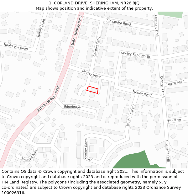 1, COPLAND DRIVE, SHERINGHAM, NR26 8JQ: Location map and indicative extent of plot