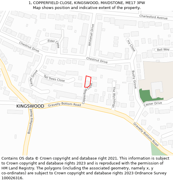 1, COPPERFIELD CLOSE, KINGSWOOD, MAIDSTONE, ME17 3PW: Location map and indicative extent of plot
