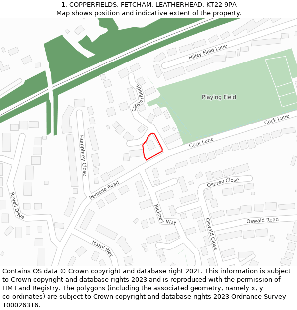 1, COPPERFIELDS, FETCHAM, LEATHERHEAD, KT22 9PA: Location map and indicative extent of plot