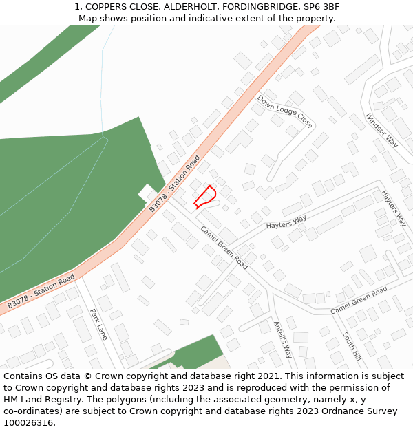 1, COPPERS CLOSE, ALDERHOLT, FORDINGBRIDGE, SP6 3BF: Location map and indicative extent of plot
