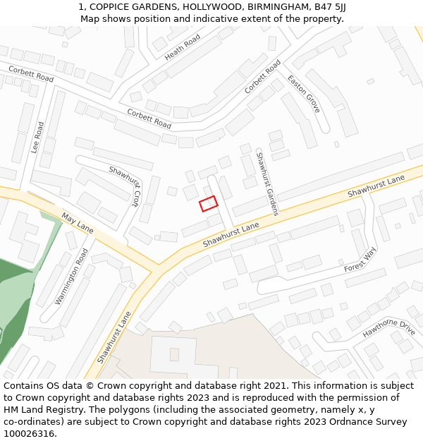 1, COPPICE GARDENS, HOLLYWOOD, BIRMINGHAM, B47 5JJ: Location map and indicative extent of plot