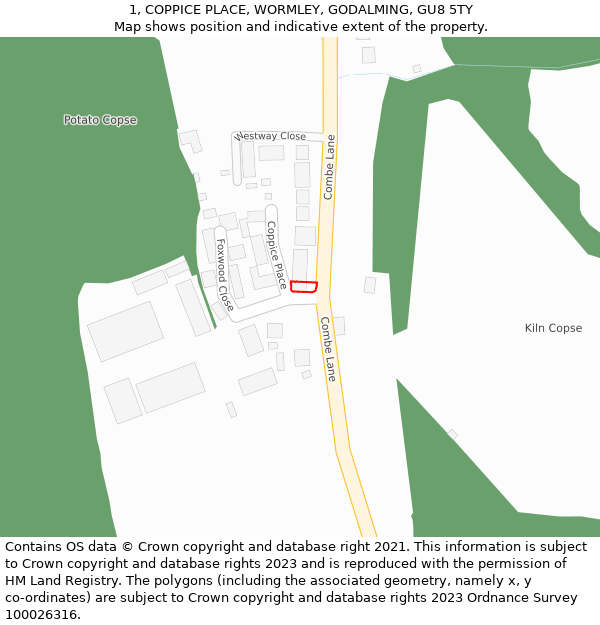 1, COPPICE PLACE, WORMLEY, GODALMING, GU8 5TY: Location map and indicative extent of plot