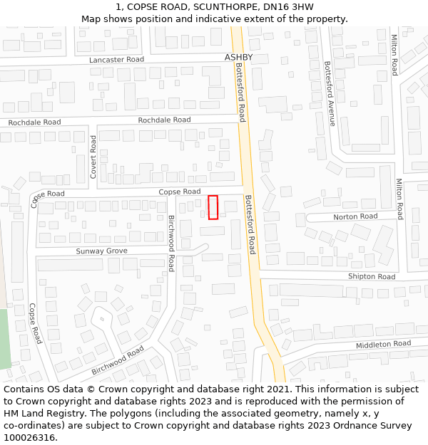 1, COPSE ROAD, SCUNTHORPE, DN16 3HW: Location map and indicative extent of plot