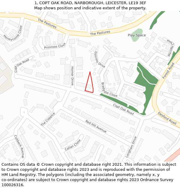 1, COPT OAK ROAD, NARBOROUGH, LEICESTER, LE19 3EF: Location map and indicative extent of plot