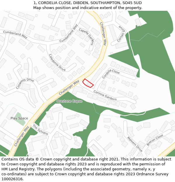 1, CORDELIA CLOSE, DIBDEN, SOUTHAMPTON, SO45 5UD: Location map and indicative extent of plot