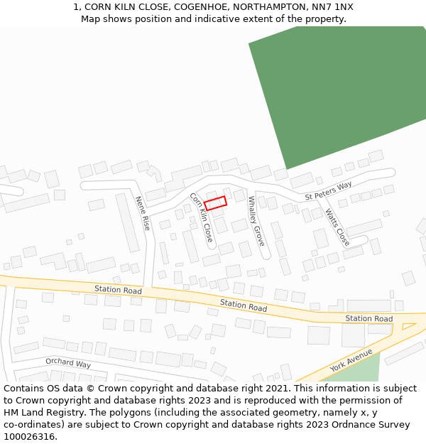 1, CORN KILN CLOSE, COGENHOE, NORTHAMPTON, NN7 1NX: Location map and indicative extent of plot