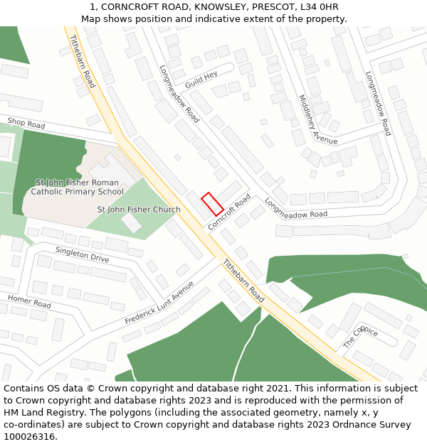 1, CORNCROFT ROAD, KNOWSLEY, PRESCOT, L34 0HR: Location map and indicative extent of plot