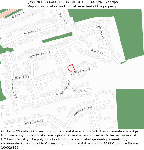 1, CORNFIELD AVENUE, LAKENHEATH, BRANDON, IP27 9JW: Location map and indicative extent of plot