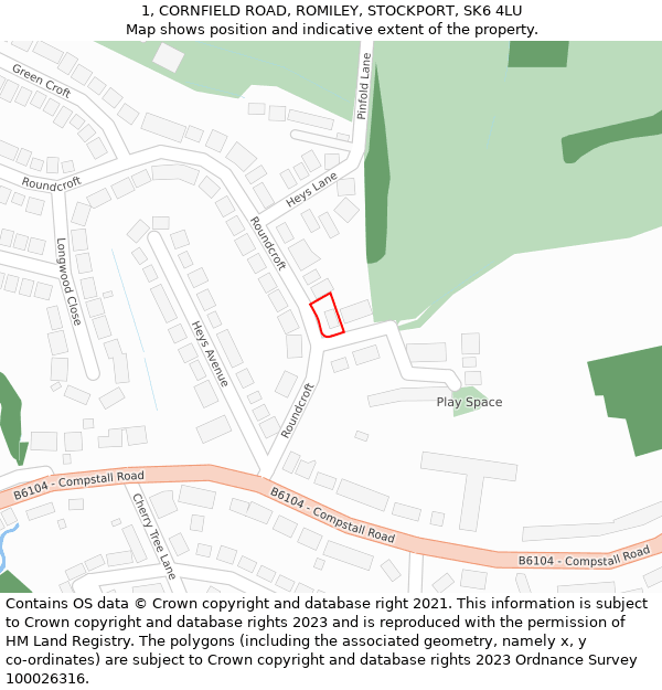 1, CORNFIELD ROAD, ROMILEY, STOCKPORT, SK6 4LU: Location map and indicative extent of plot