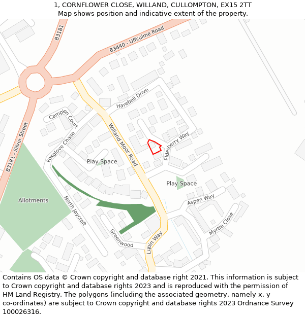 1, CORNFLOWER CLOSE, WILLAND, CULLOMPTON, EX15 2TT: Location map and indicative extent of plot