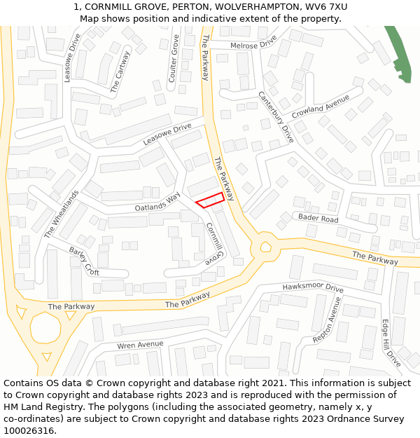 1, CORNMILL GROVE, PERTON, WOLVERHAMPTON, WV6 7XU: Location map and indicative extent of plot