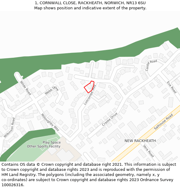 1, CORNWALL CLOSE, RACKHEATH, NORWICH, NR13 6SU: Location map and indicative extent of plot