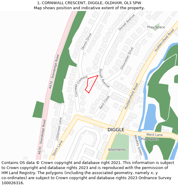 1, CORNWALL CRESCENT, DIGGLE, OLDHAM, OL3 5PW: Location map and indicative extent of plot