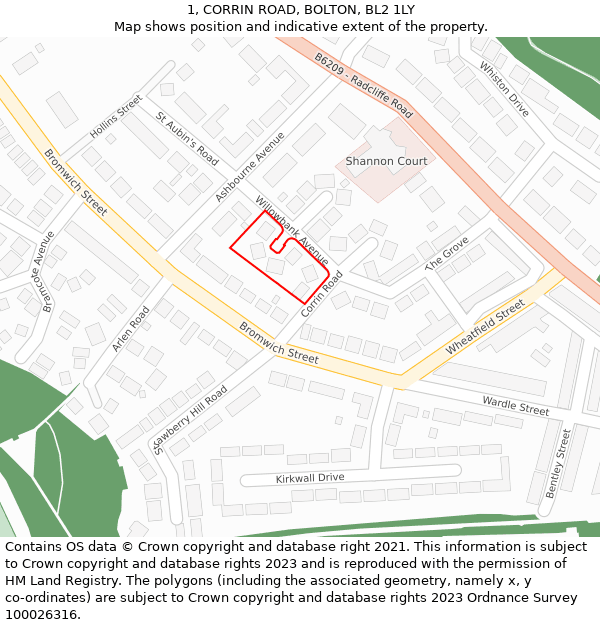 1, CORRIN ROAD, BOLTON, BL2 1LY: Location map and indicative extent of plot