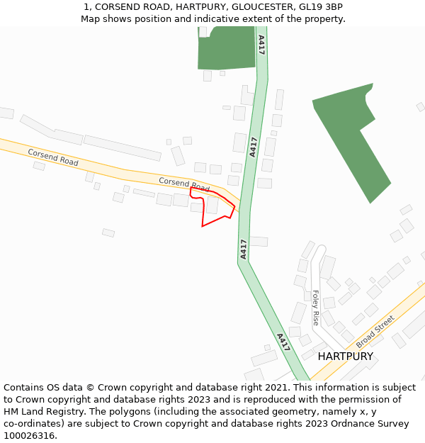 1, CORSEND ROAD, HARTPURY, GLOUCESTER, GL19 3BP: Location map and indicative extent of plot