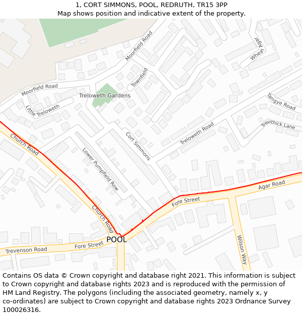 1, CORT SIMMONS, POOL, REDRUTH, TR15 3PP: Location map and indicative extent of plot