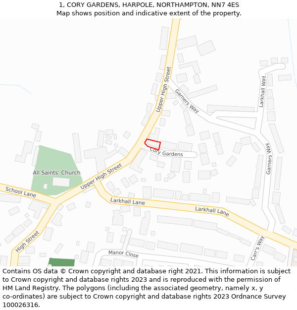 1, CORY GARDENS, HARPOLE, NORTHAMPTON, NN7 4ES: Location map and indicative extent of plot