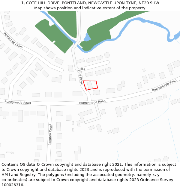 1, COTE HILL DRIVE, PONTELAND, NEWCASTLE UPON TYNE, NE20 9HW: Location map and indicative extent of plot