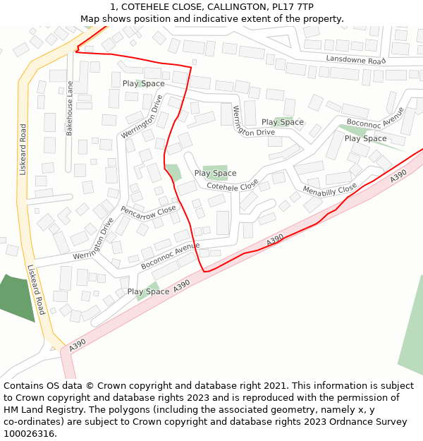 1, COTEHELE CLOSE, CALLINGTON, PL17 7TP: Location map and indicative extent of plot