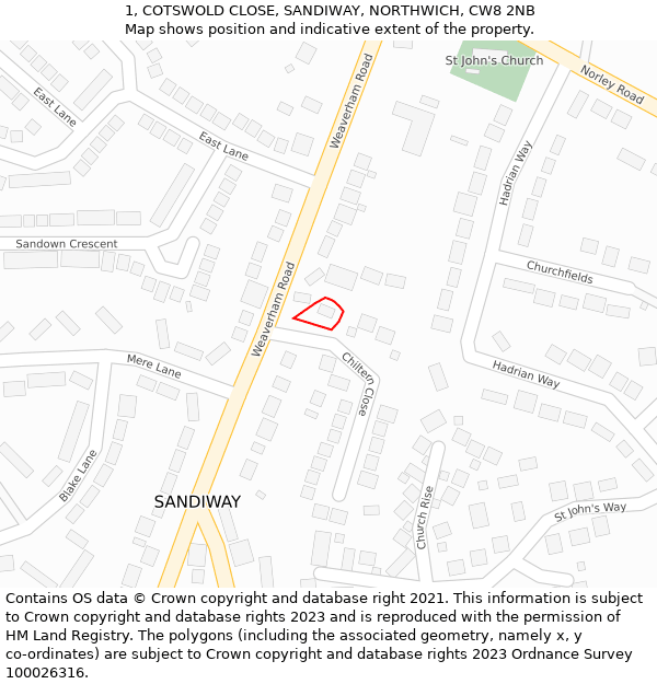 1, COTSWOLD CLOSE, SANDIWAY, NORTHWICH, CW8 2NB: Location map and indicative extent of plot