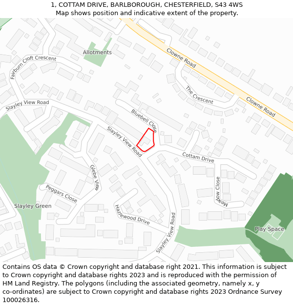 1, COTTAM DRIVE, BARLBOROUGH, CHESTERFIELD, S43 4WS: Location map and indicative extent of plot