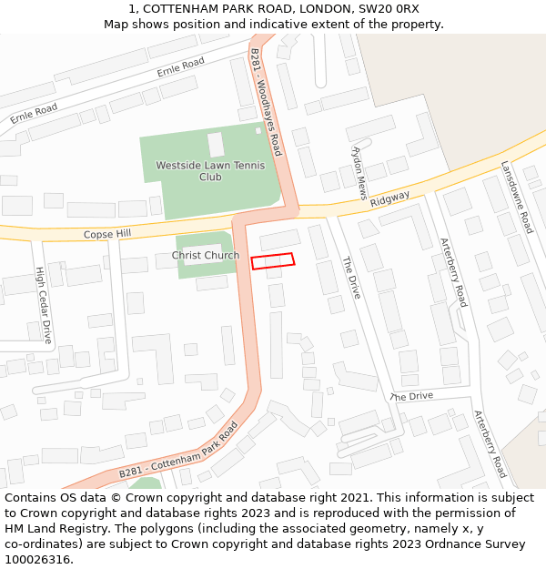 1, COTTENHAM PARK ROAD, LONDON, SW20 0RX: Location map and indicative extent of plot
