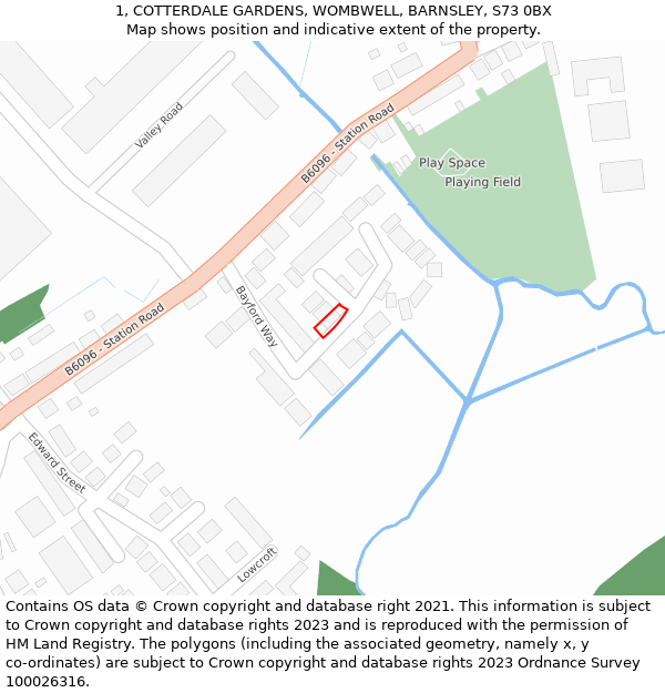 1, COTTERDALE GARDENS, WOMBWELL, BARNSLEY, S73 0BX: Location map and indicative extent of plot