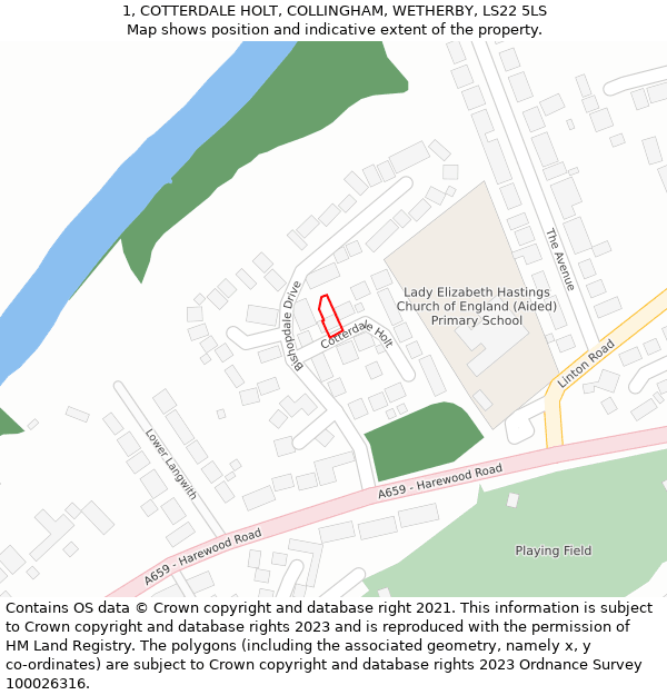1, COTTERDALE HOLT, COLLINGHAM, WETHERBY, LS22 5LS: Location map and indicative extent of plot