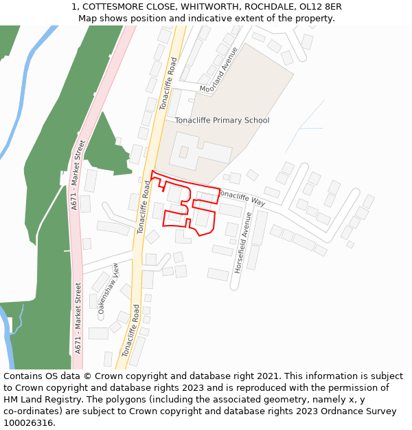 1, COTTESMORE CLOSE, WHITWORTH, ROCHDALE, OL12 8ER: Location map and indicative extent of plot