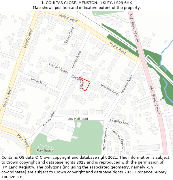 1, COULTAS CLOSE, MENSTON, ILKLEY, LS29 6HX: Location map and indicative extent of plot