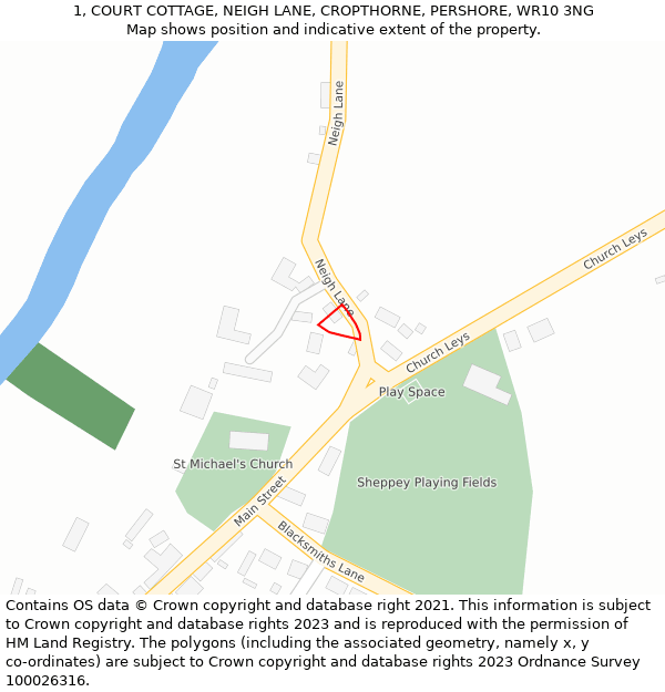 1, COURT COTTAGE, NEIGH LANE, CROPTHORNE, PERSHORE, WR10 3NG: Location map and indicative extent of plot